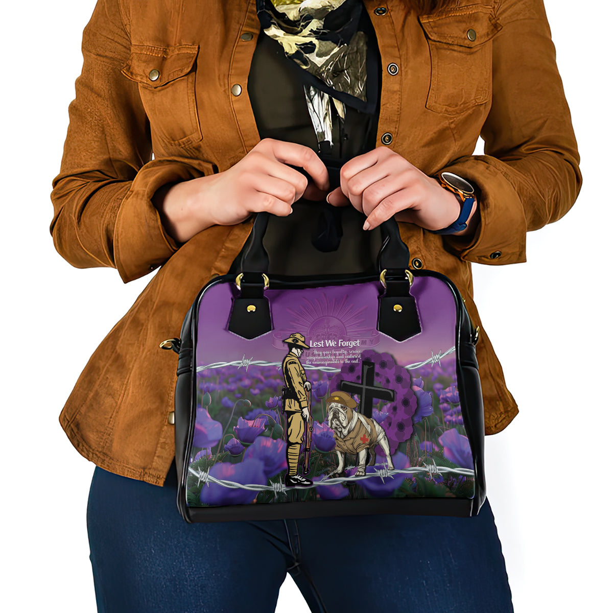 Australia Dog Heroes ANZAC Shoulder Handbag Remembering All Animals In War Purple Poppies