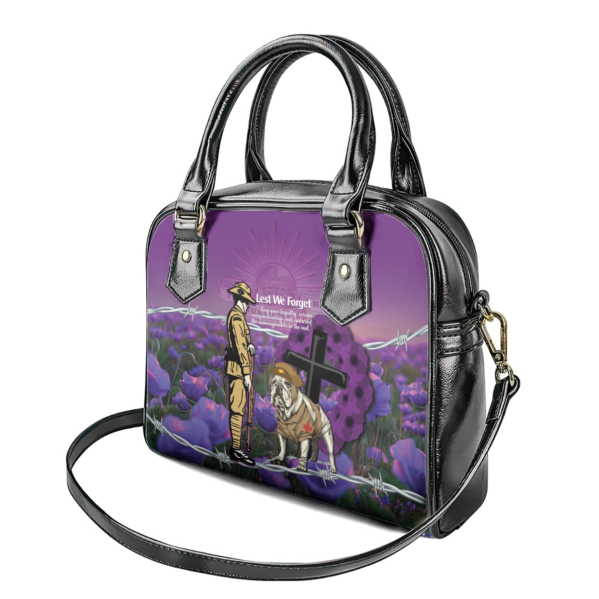 Australia Dog Heroes ANZAC Shoulder Handbag Remembering All Animals In War Purple Poppies