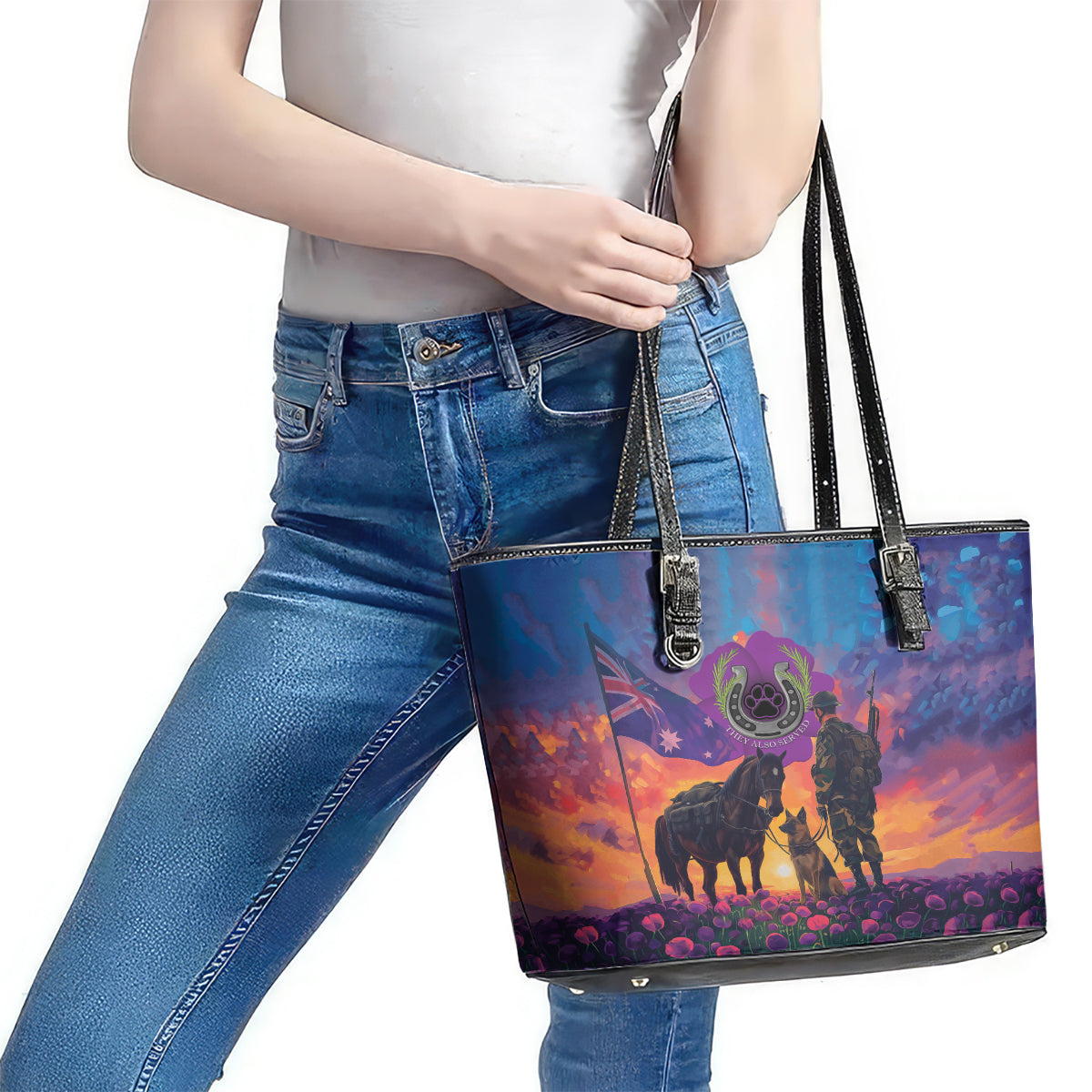 Australia Animals ANZAC Leather Tote Bag Dog And Horse Heroes Also Served