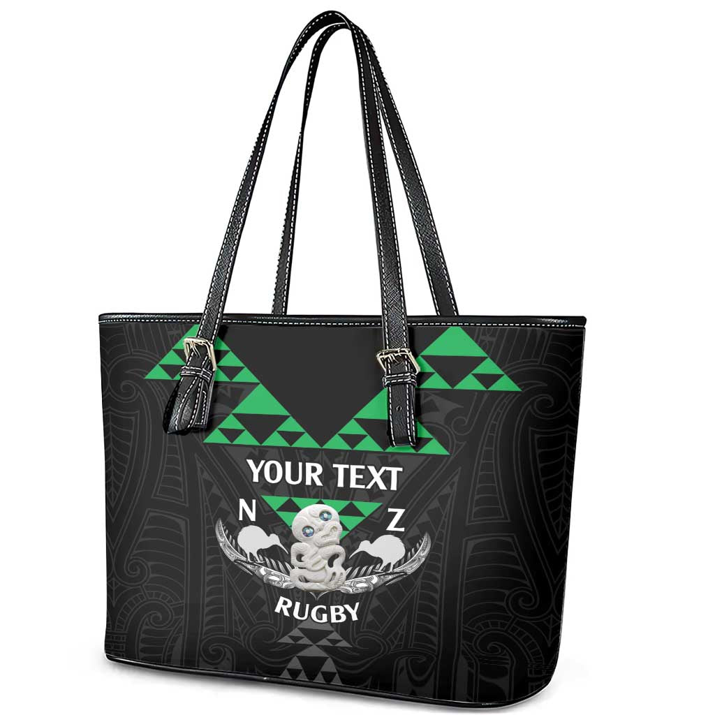 Personalised Aotearoa Rugby Leather Tote Bag New Zealand Maori Kete Matauranga Pattern