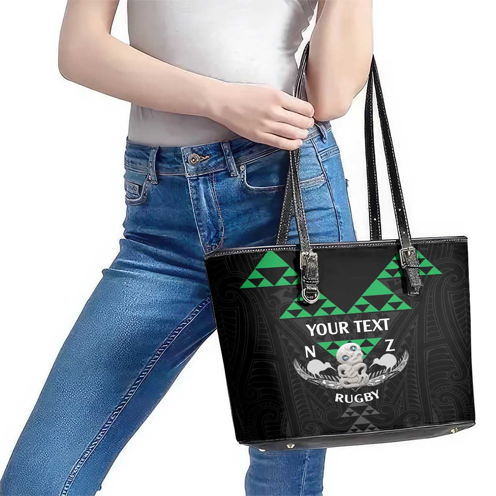 Personalised Aotearoa Rugby Leather Tote Bag New Zealand Maori Kete Matauranga Pattern