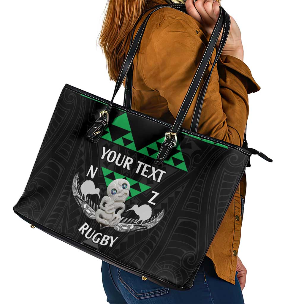 Personalised Aotearoa Rugby Leather Tote Bag New Zealand Maori Kete Matauranga Pattern