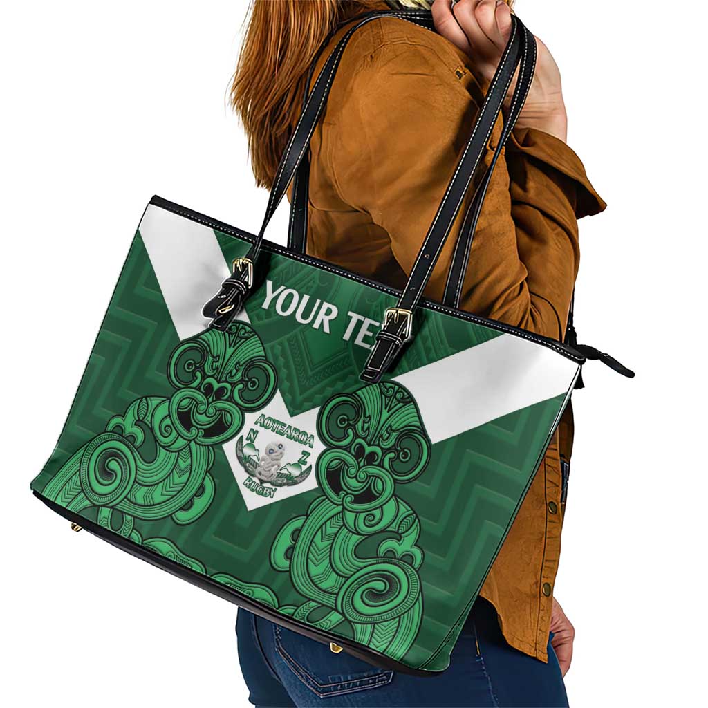 Custom Aotearoa Rugby Leather Tote Bag New Zealand Maori Kete Poutama Pattern