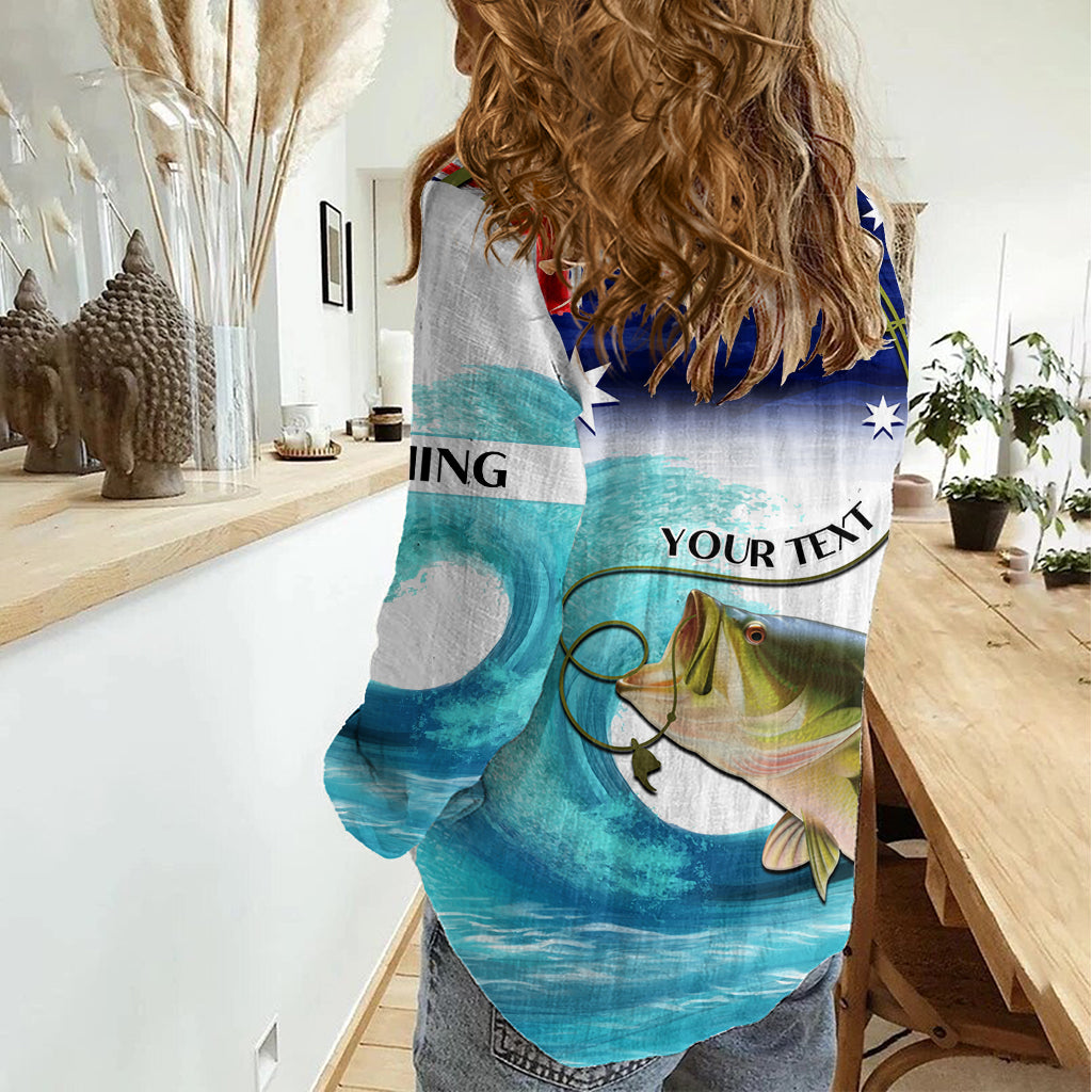 Personalised Australia Fishing Women Casual Shirt Barramundi With Ocean Waves Flag Grunge Style