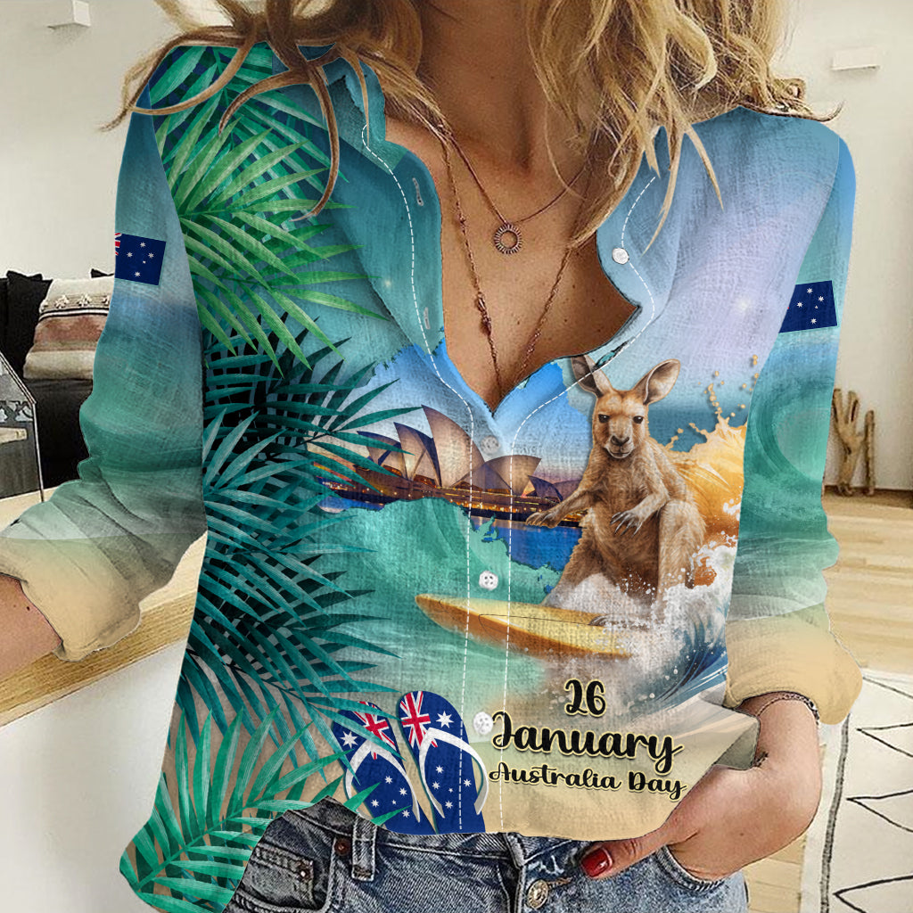 Australia Day 2024 Women Casual Shirt Kangaroo Go Surfing Aussie Map Tropical Style