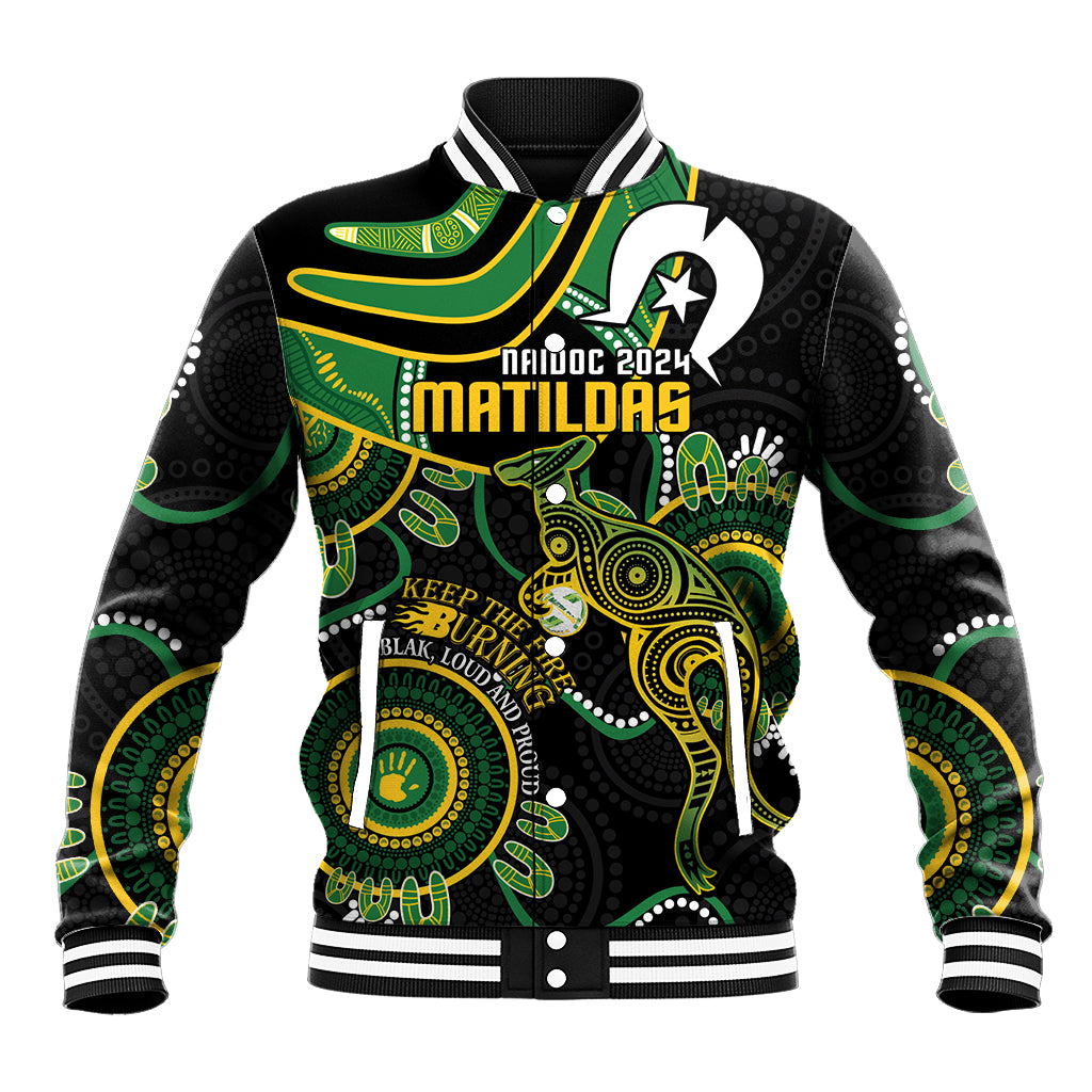 Custom Matildas NAIDOC Week Baseball Jacket Australia Kangaroo Keep The Fire Burning - Black