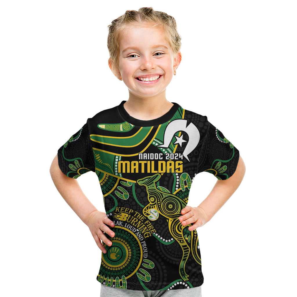 Custom Matildas NAIDOC Week Kid T Shirt Australia Kangaroo Keep The Fire Burning - Black