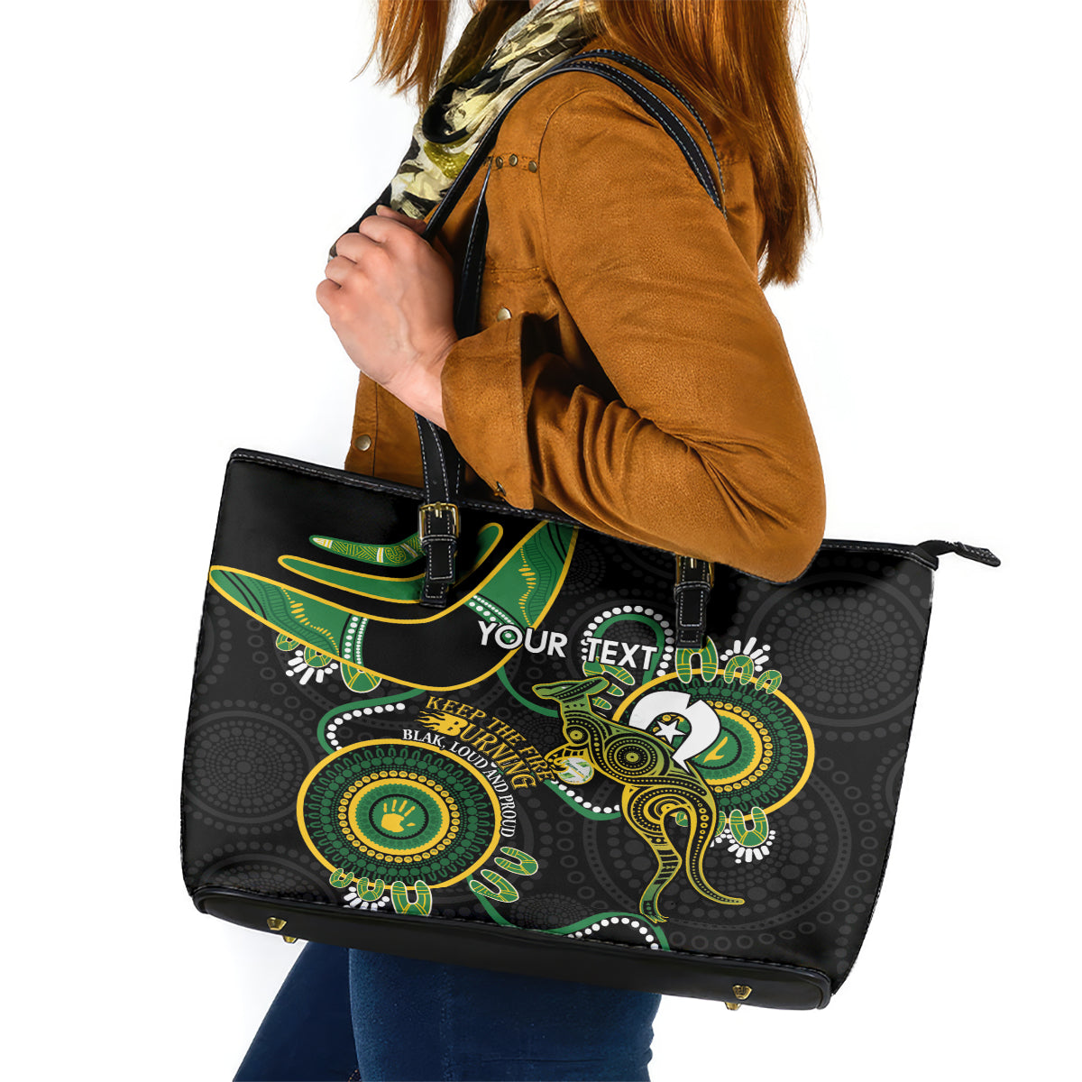 Custom Matildas NAIDOC Week Leather Tote Bag Australia Kangaroo Keep The Fire Burning - Black