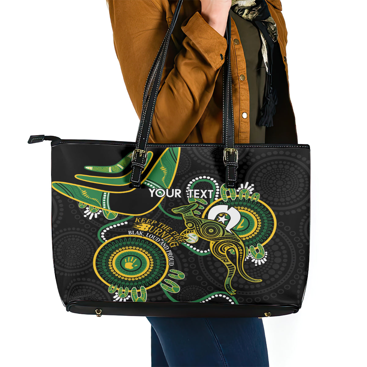 Custom Matildas NAIDOC Week Leather Tote Bag Australia Kangaroo Keep The Fire Burning - Black