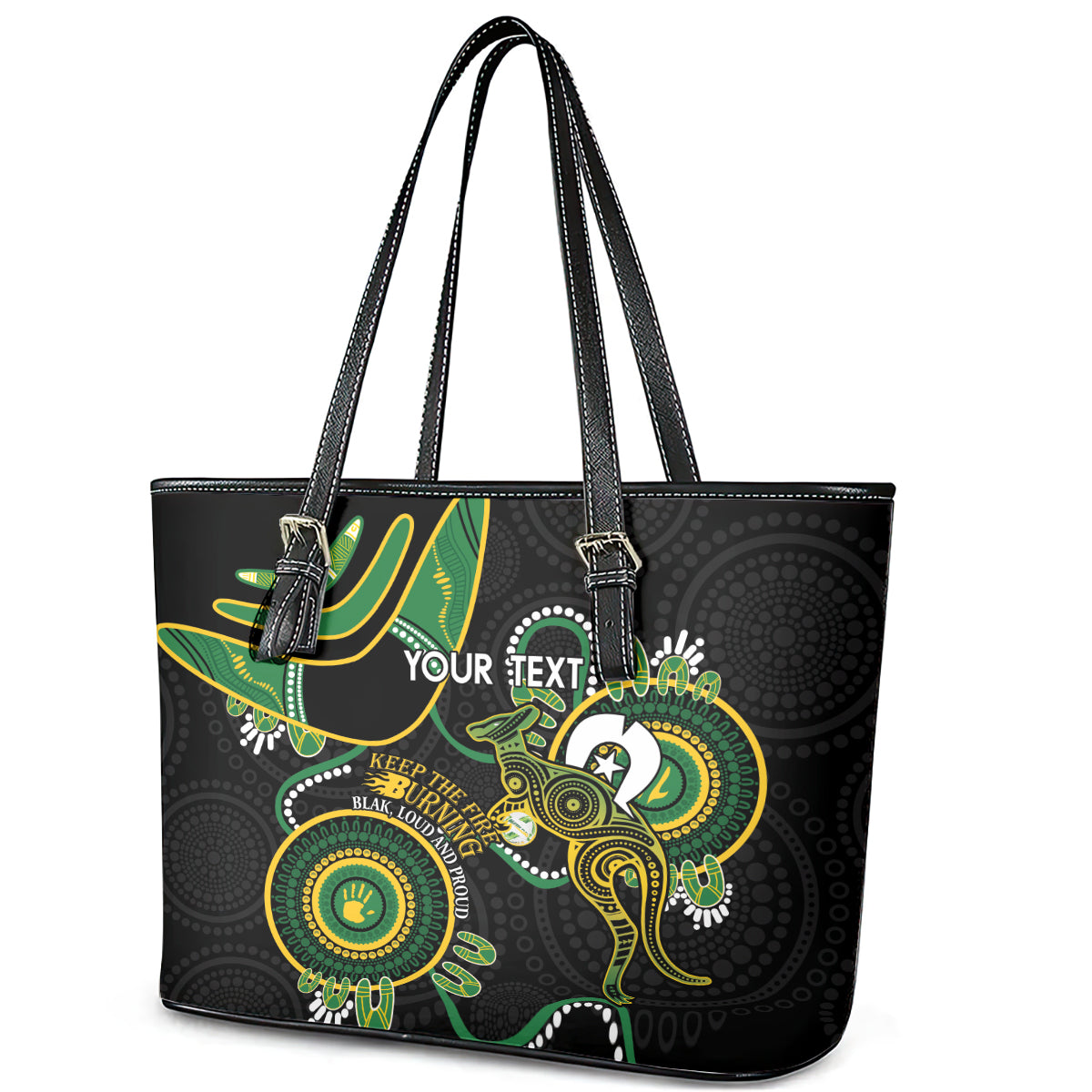 Custom Matildas NAIDOC Week Leather Tote Bag Australia Kangaroo Keep The Fire Burning - Black