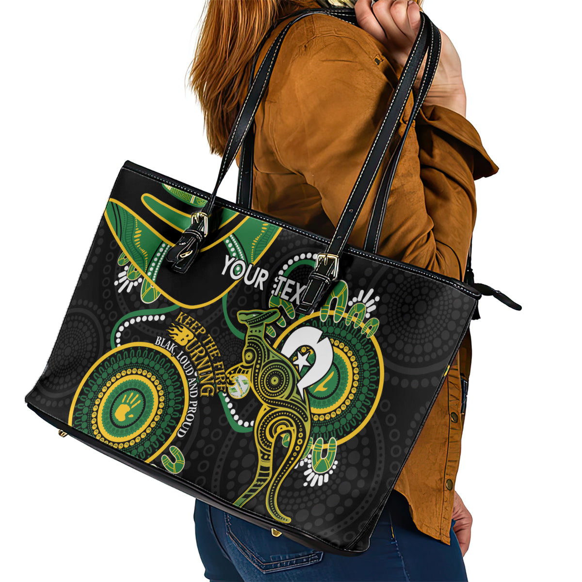 Custom Matildas NAIDOC Week Leather Tote Bag Australia Kangaroo Keep The Fire Burning - Black