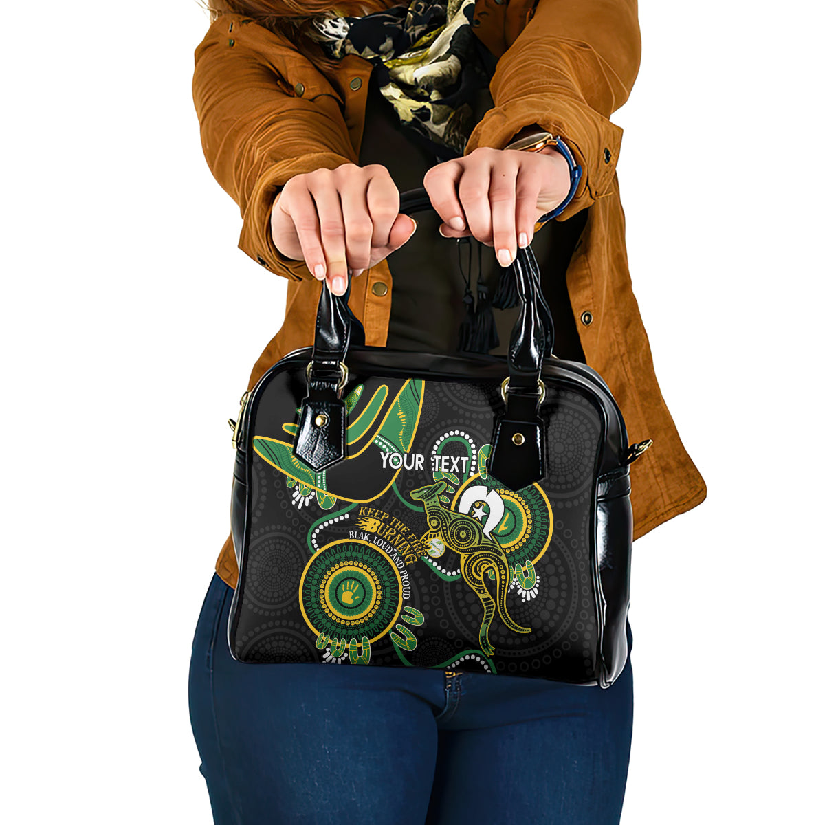 Custom Matildas NAIDOC Week Shoulder Handbag Australia Kangaroo Keep The Fire Burning - Black