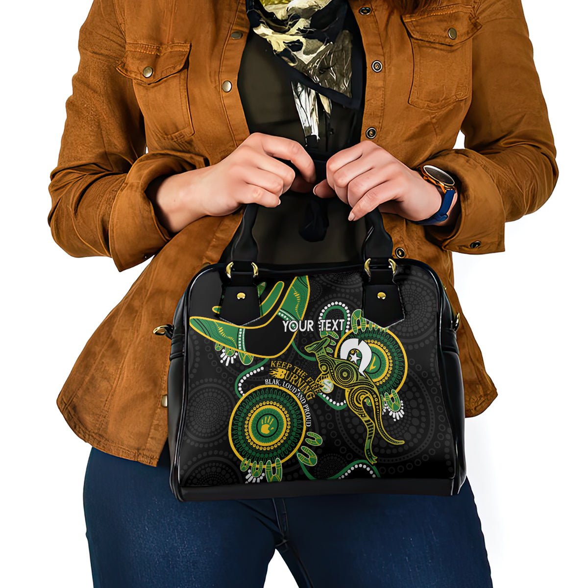 Custom Matildas NAIDOC Week Shoulder Handbag Australia Kangaroo Keep The Fire Burning - Black