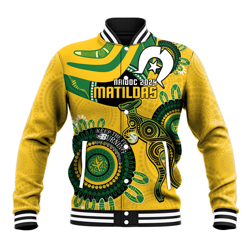 Custom Matildas NAIDOC Week Baseball Jacket Australia Kangaroo Keep The Fire Burning - Yellow