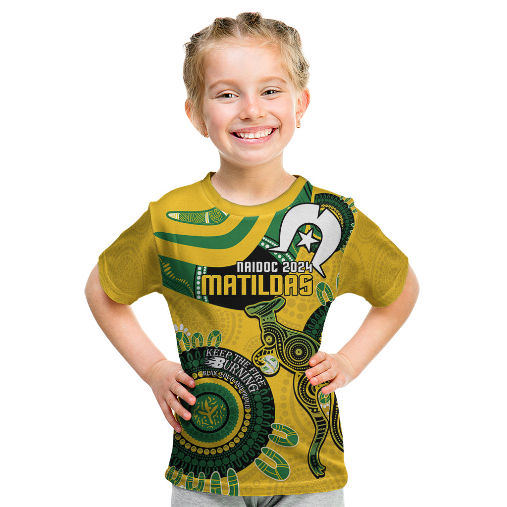 Custom Matildas NAIDOC Week Kid T Shirt Australia Kangaroo Keep The Fire Burning - Yellow