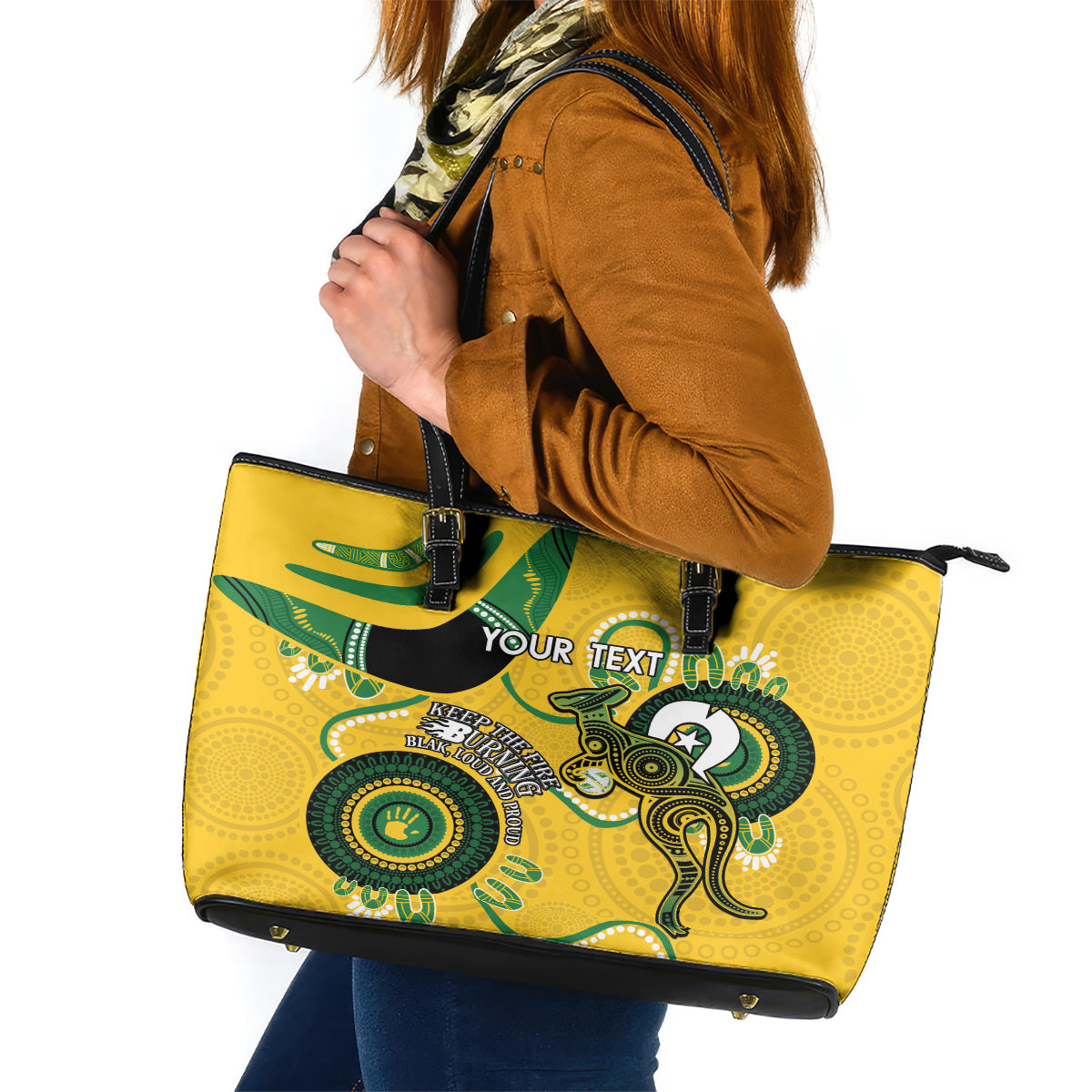 Custom Matildas NAIDOC Week Leather Tote Bag Australia Kangaroo Keep The Fire Burning - Yellow