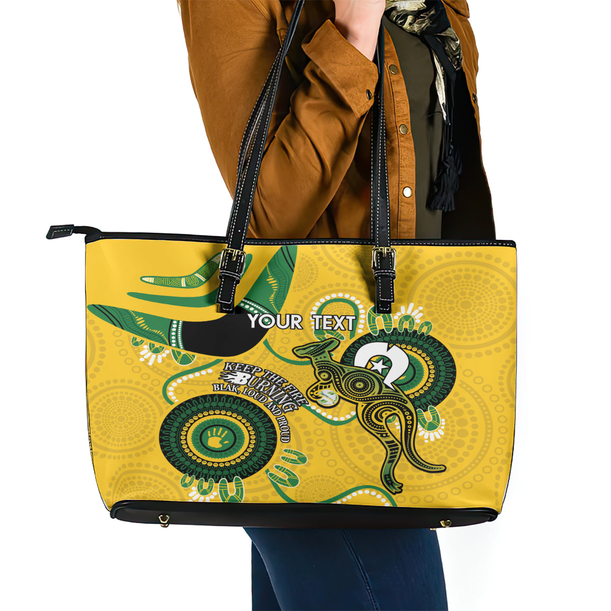 Custom Matildas NAIDOC Week Leather Tote Bag Australia Kangaroo Keep The Fire Burning - Yellow