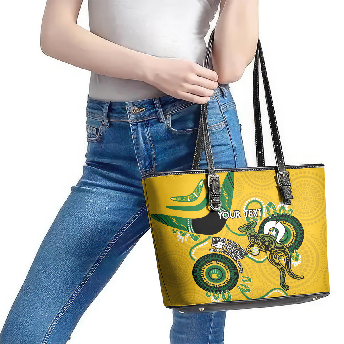 Custom Matildas NAIDOC Week Leather Tote Bag Australia Kangaroo Keep The Fire Burning - Yellow