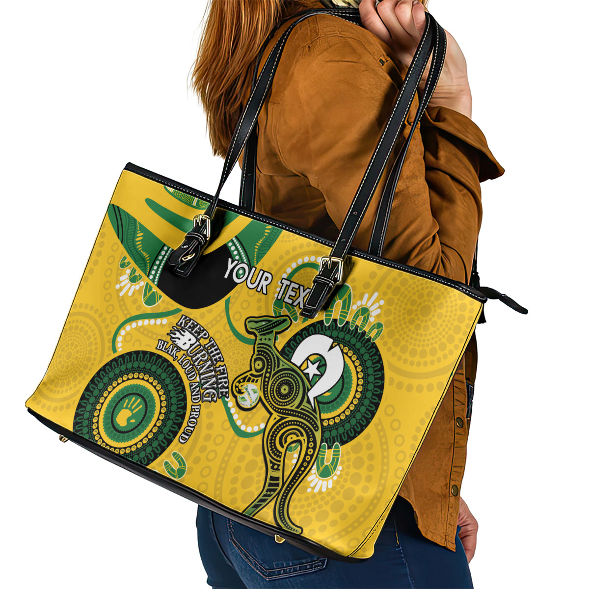 Custom Matildas NAIDOC Week Leather Tote Bag Australia Kangaroo Keep The Fire Burning - Yellow