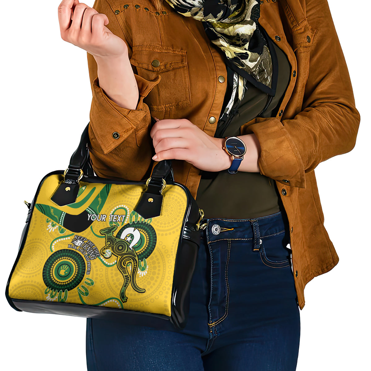 Custom Matildas NAIDOC Week Shoulder Handbag Australia Kangaroo Keep The Fire Burning - Yellow