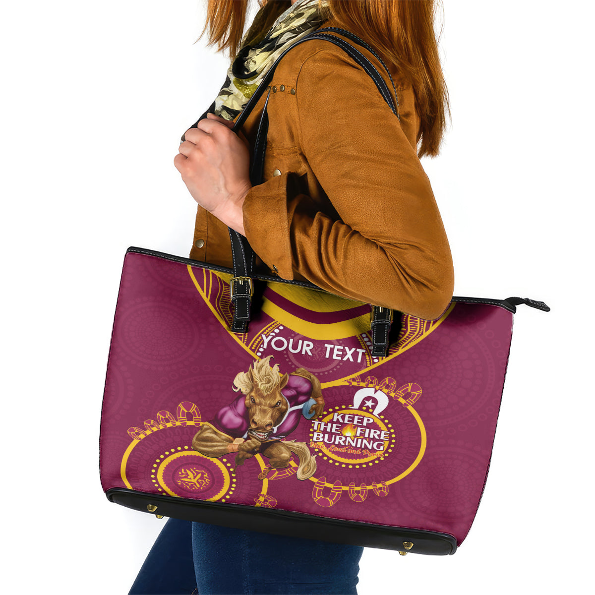 Custom NRL Broncos NAIDOC Week Leather Tote Bag Keep The Fire Burning Indigenous Art