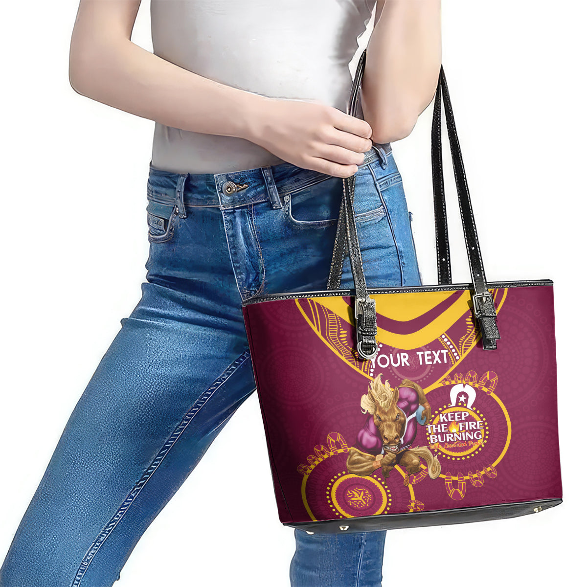 Custom NRL Broncos NAIDOC Week Leather Tote Bag Keep The Fire Burning Indigenous Art