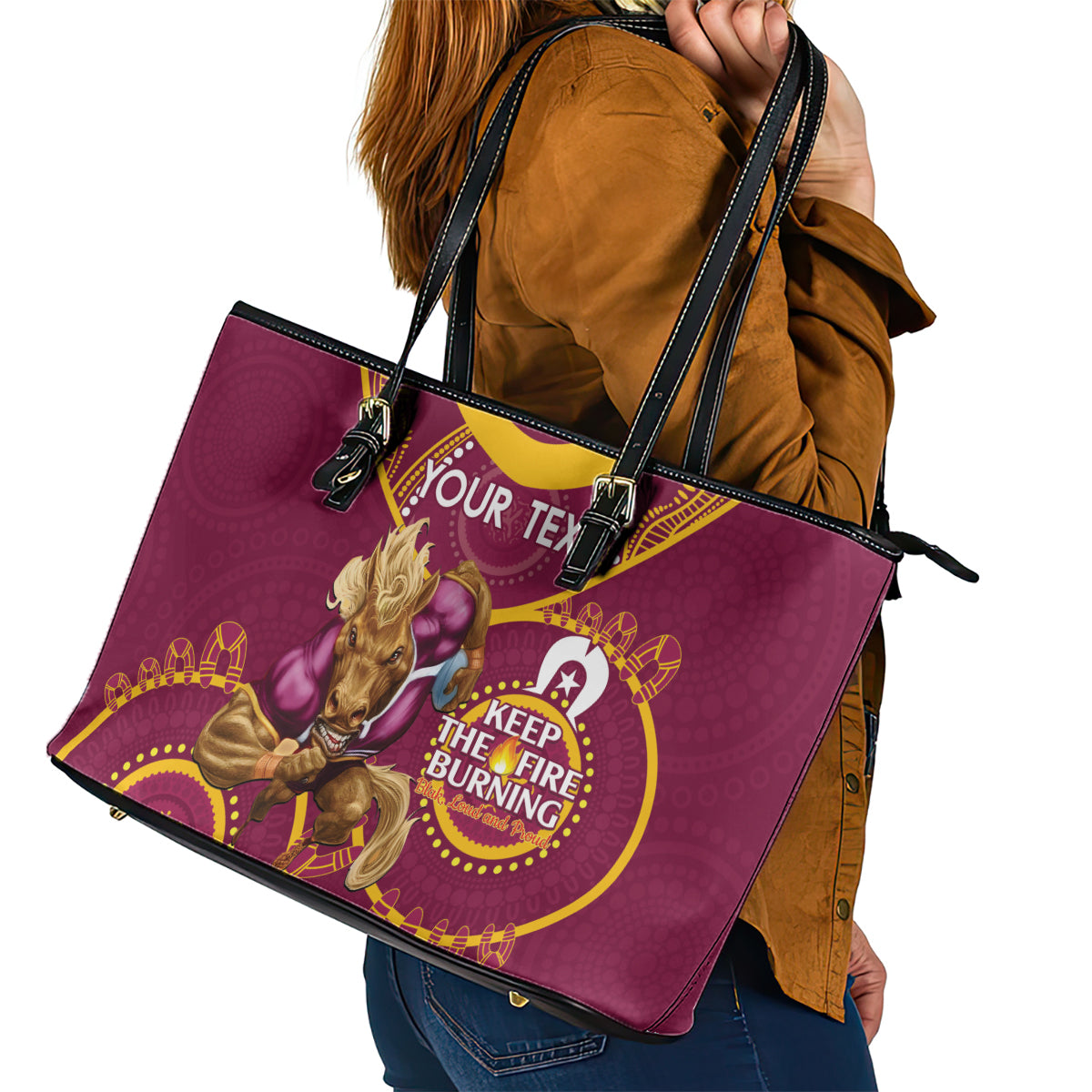 Custom NRL Broncos NAIDOC Week Leather Tote Bag Keep The Fire Burning Indigenous Art