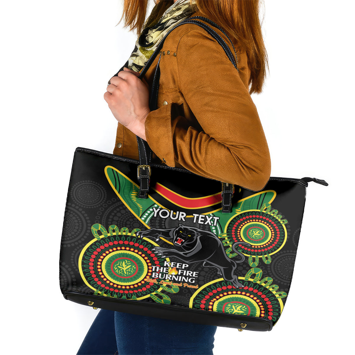 Custom NRL Panthers NAIDOC Week Leather Tote Bag Keep The Fire Burning Indigenous Art