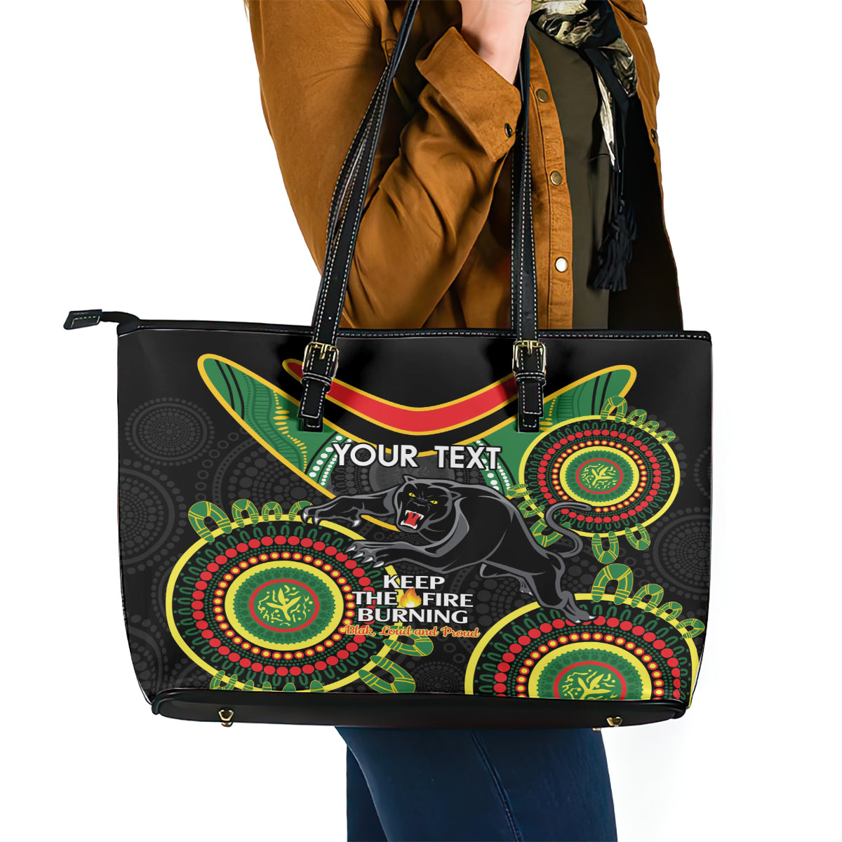 Custom NRL Panthers NAIDOC Week Leather Tote Bag Keep The Fire Burning Indigenous Art