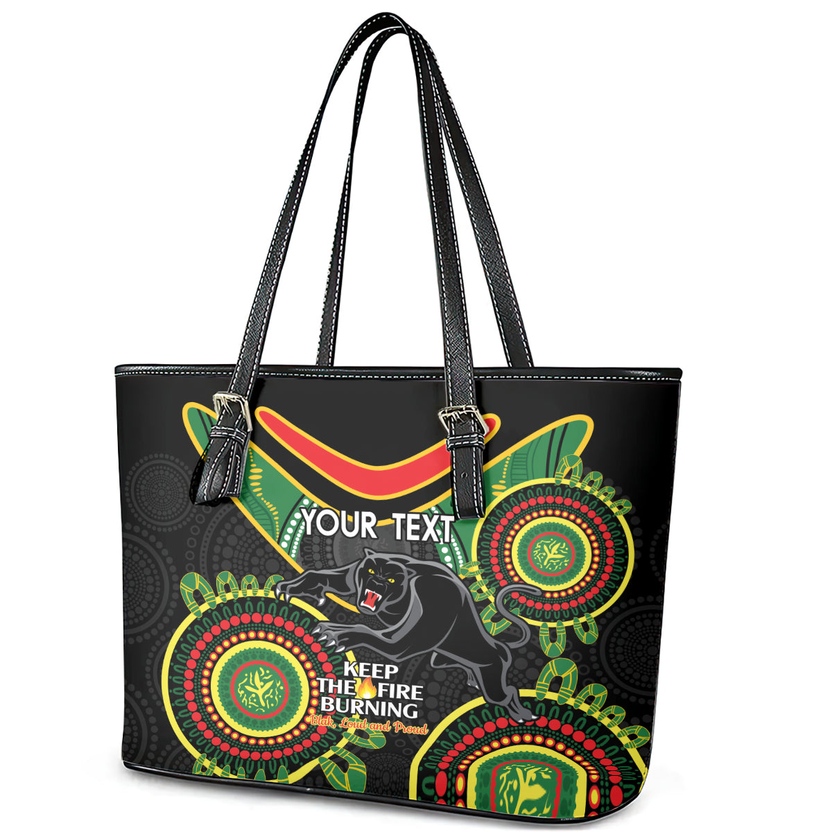 Custom NRL Panthers NAIDOC Week Leather Tote Bag Keep The Fire Burning Indigenous Art