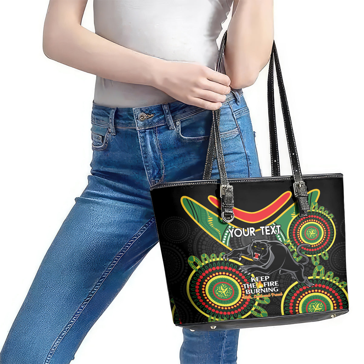 Custom NRL Panthers NAIDOC Week Leather Tote Bag Keep The Fire Burning Indigenous Art