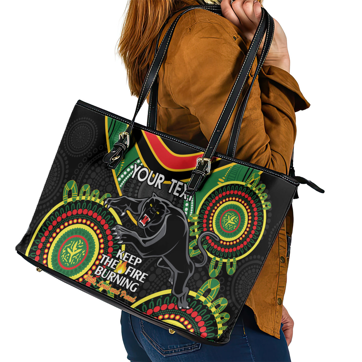 Custom NRL Panthers NAIDOC Week Leather Tote Bag Keep The Fire Burning Indigenous Art