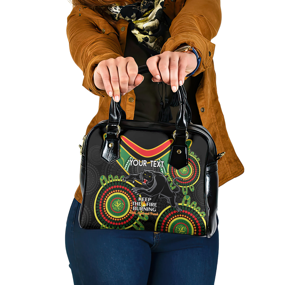 Custom NRL Panthers NAIDOC Week Shoulder Handbag Keep The Fire Burning Indigenous Art