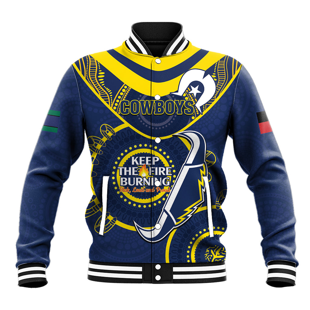 Custom NRL Cowboys NAIDOC Week Baseball Jacket Keep The Fire Burning Indigenous Art