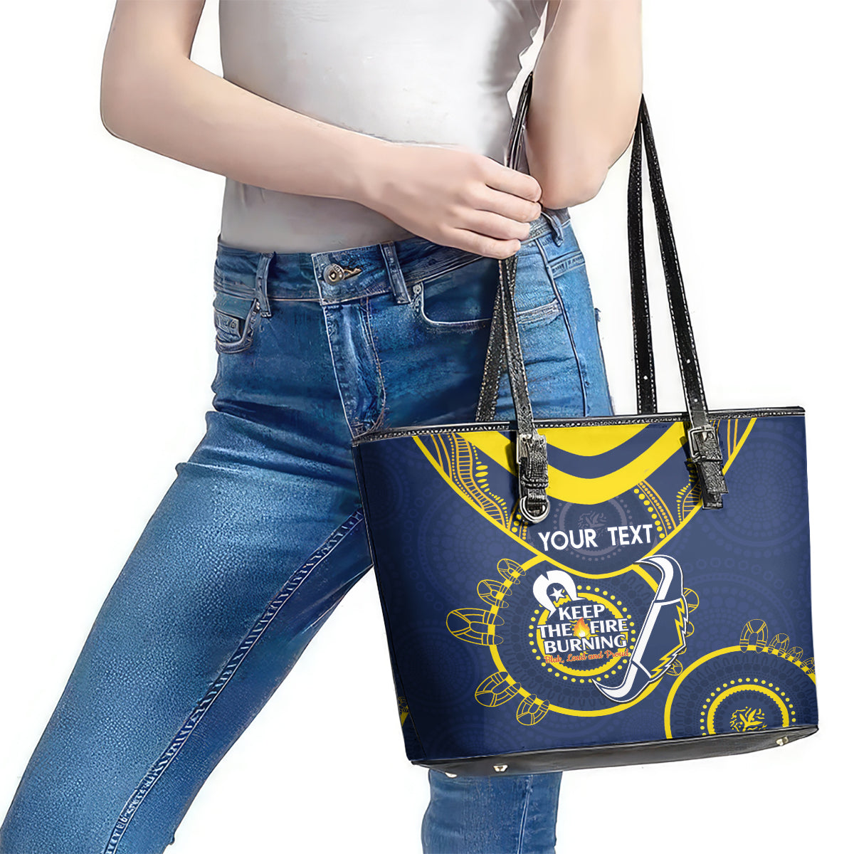 Custom NRL Cowboys NAIDOC Week Leather Tote Bag Keep The Fire Burning Indigenous Art