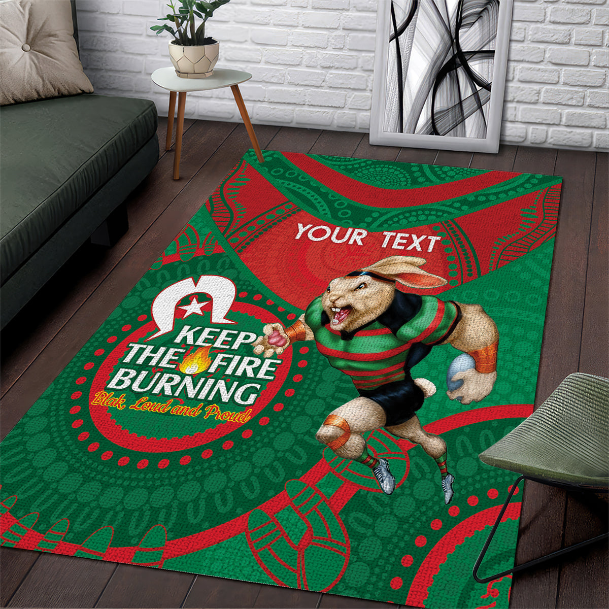 Custom NRL Rabbitohs NAIDOC Week Area Rug Keep The Fire Burning Indigenous Art