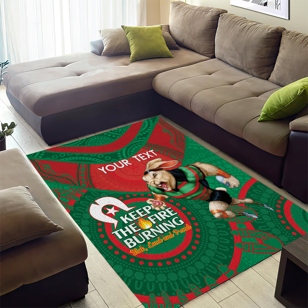 Custom NRL Rabbitohs NAIDOC Week Area Rug Keep The Fire Burning Indigenous Art