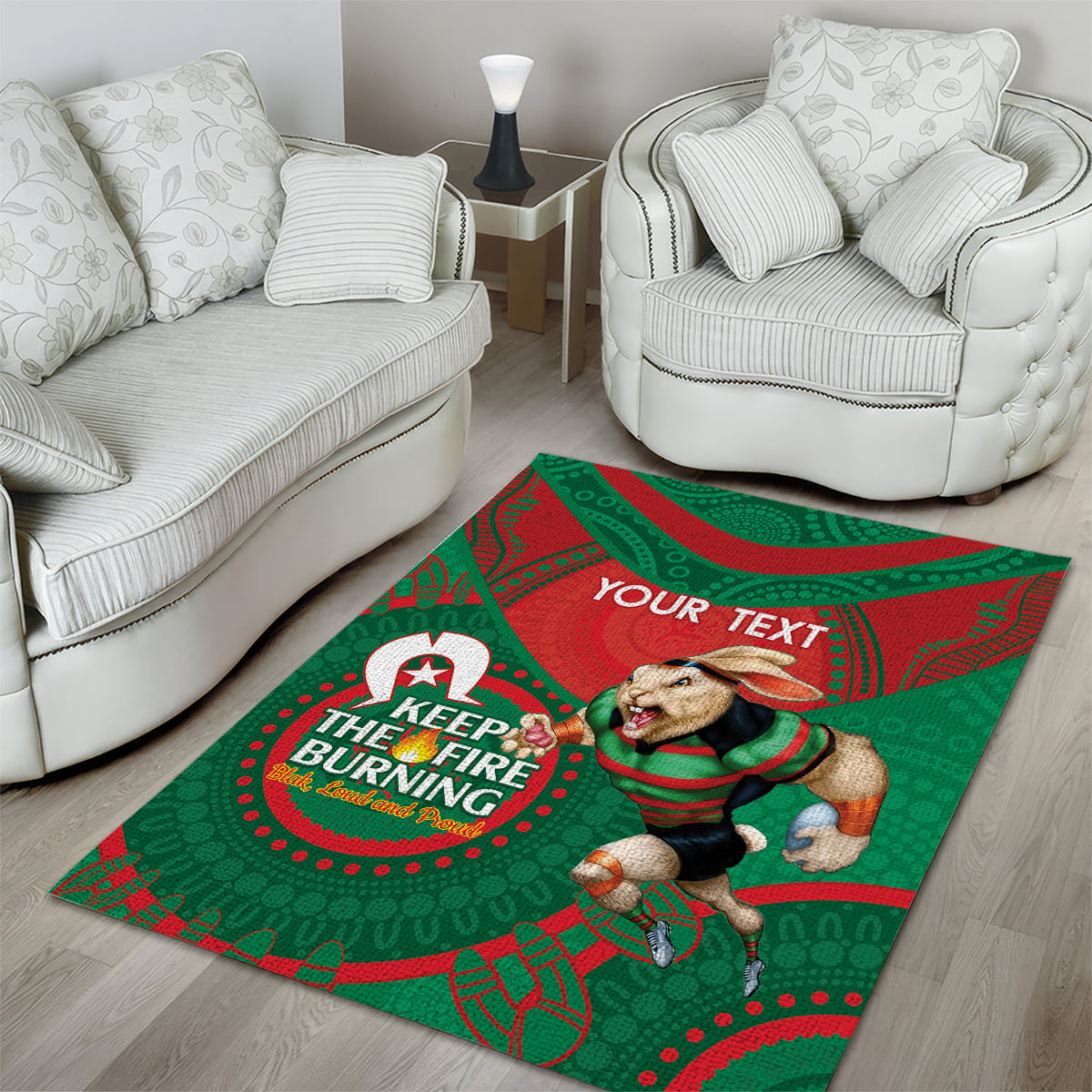 Custom NRL Rabbitohs NAIDOC Week Area Rug Keep The Fire Burning Indigenous Art