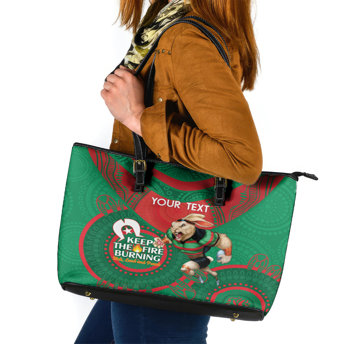 Custom NRL Rabbitohs NAIDOC Week Leather Tote Bag Keep The Fire Burning Indigenous Art