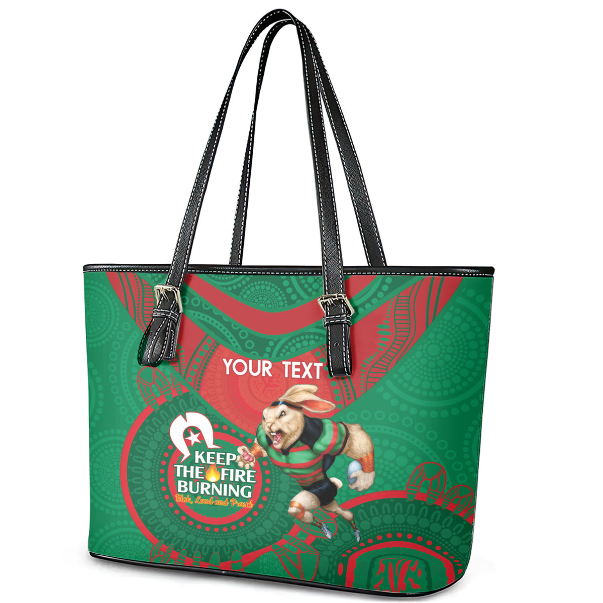 Custom NRL Rabbitohs NAIDOC Week Leather Tote Bag Keep The Fire Burning Indigenous Art