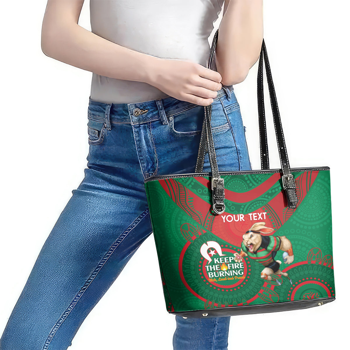 Custom NRL Rabbitohs NAIDOC Week Leather Tote Bag Keep The Fire Burning Indigenous Art