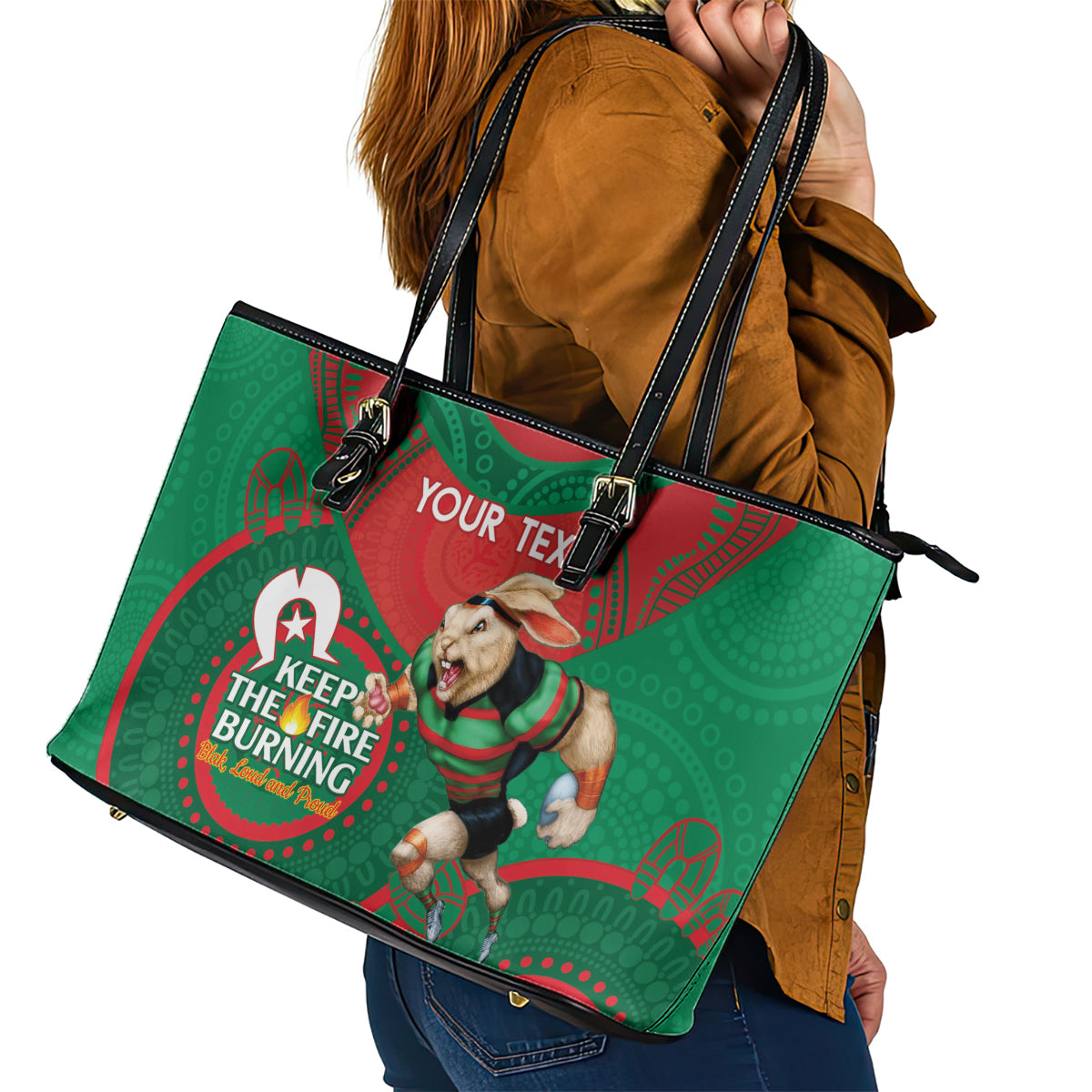 Custom NRL Rabbitohs NAIDOC Week Leather Tote Bag Keep The Fire Burning Indigenous Art