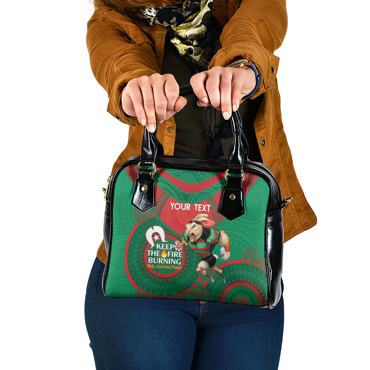 Custom NRL Rabbitohs NAIDOC Week Shoulder Handbag Keep The Fire Burning Indigenous Art