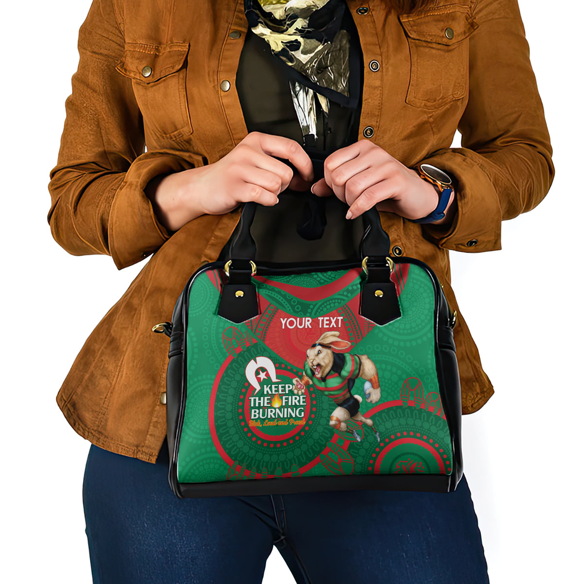 Custom NRL Rabbitohs NAIDOC Week Shoulder Handbag Keep The Fire Burning Indigenous Art