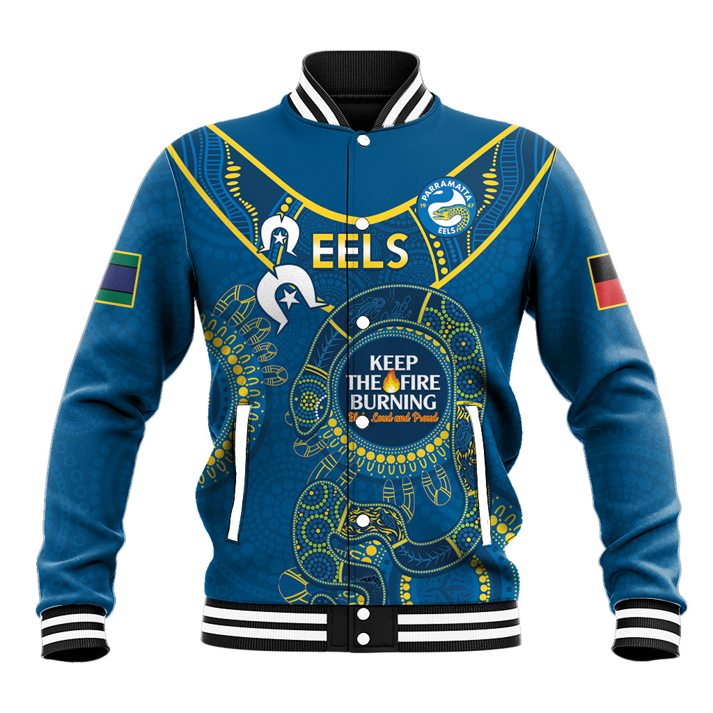 Custom NRL Eels NAIDOC Week Baseball Jacket Keep The Fire Burning Indigenous Art