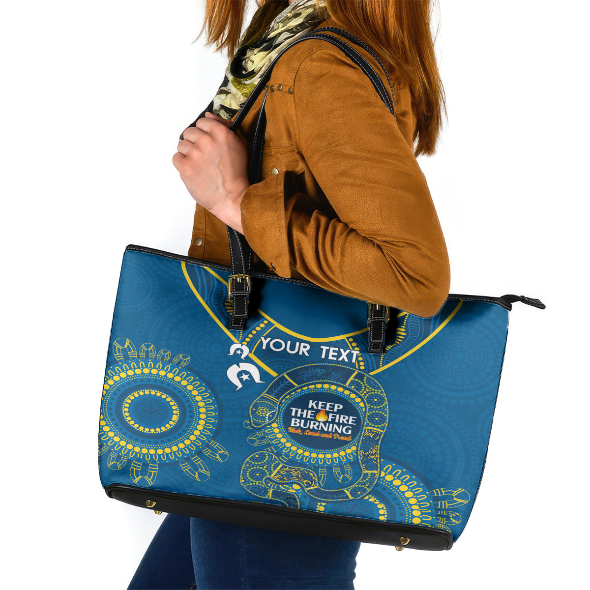 Custom NRL Eels NAIDOC Week Leather Tote Bag Keep The Fire Burning Indigenous Art