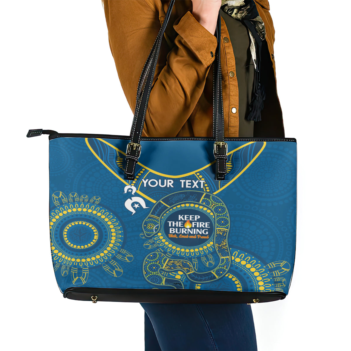 Custom NRL Eels NAIDOC Week Leather Tote Bag Keep The Fire Burning Indigenous Art