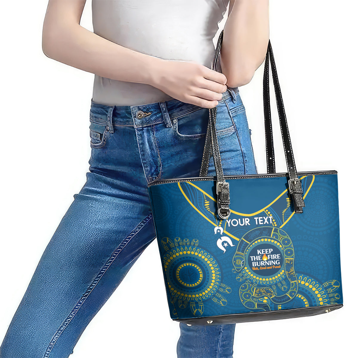 Custom NRL Eels NAIDOC Week Leather Tote Bag Keep The Fire Burning Indigenous Art