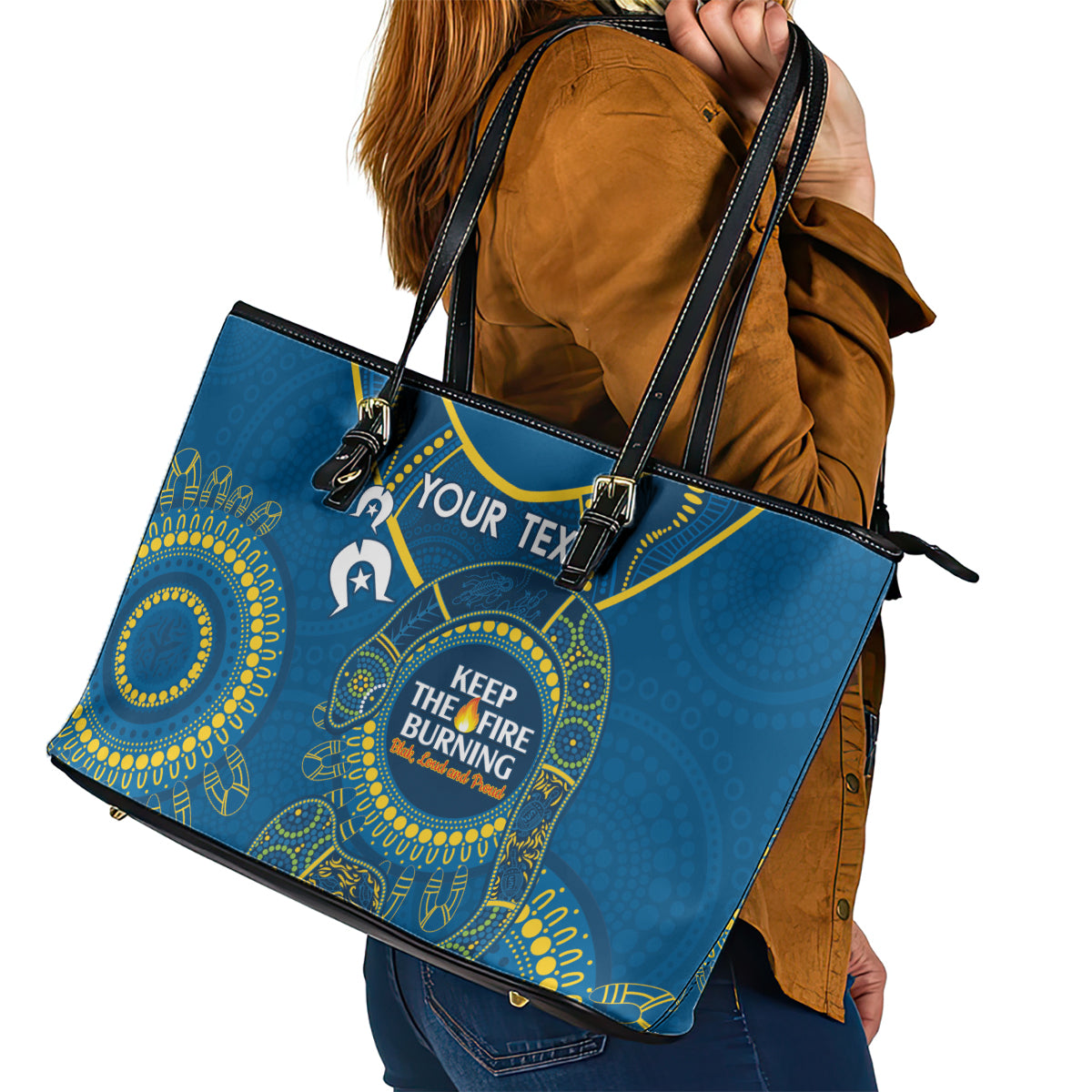 Custom NRL Eels NAIDOC Week Leather Tote Bag Keep The Fire Burning Indigenous Art