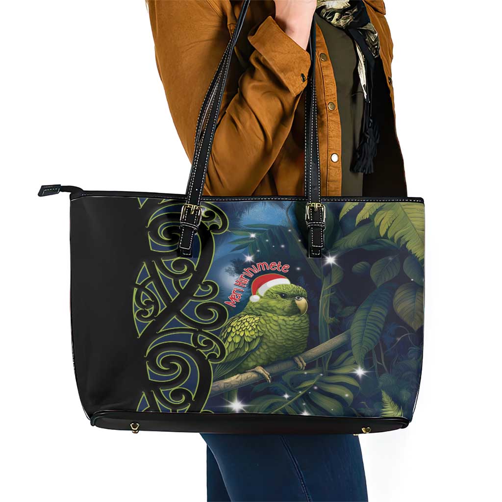 New Zealand Christmas Leather Tote Bag Cute Kakapo Meri Kirihimete Maori Koru